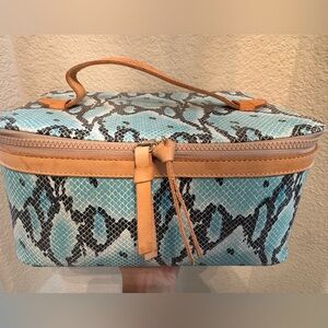 Consuela Snake-Print Blue Train Case with Tan Leather Trim